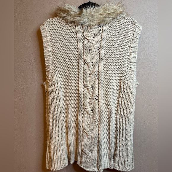 Tribal Faux Fur Trim Chunky Knit Cotton Blend Sweater Vest Jacket Womens XL - Picture 11 of 14